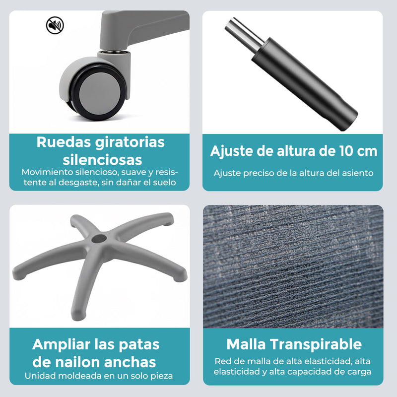 Silla de Oficina Ergonómica con Reposacabezas de Malla y Respaldo Transpirable. Silla de Escritorio con Brazos Fijos y Ruedas Nylon. Color Gris