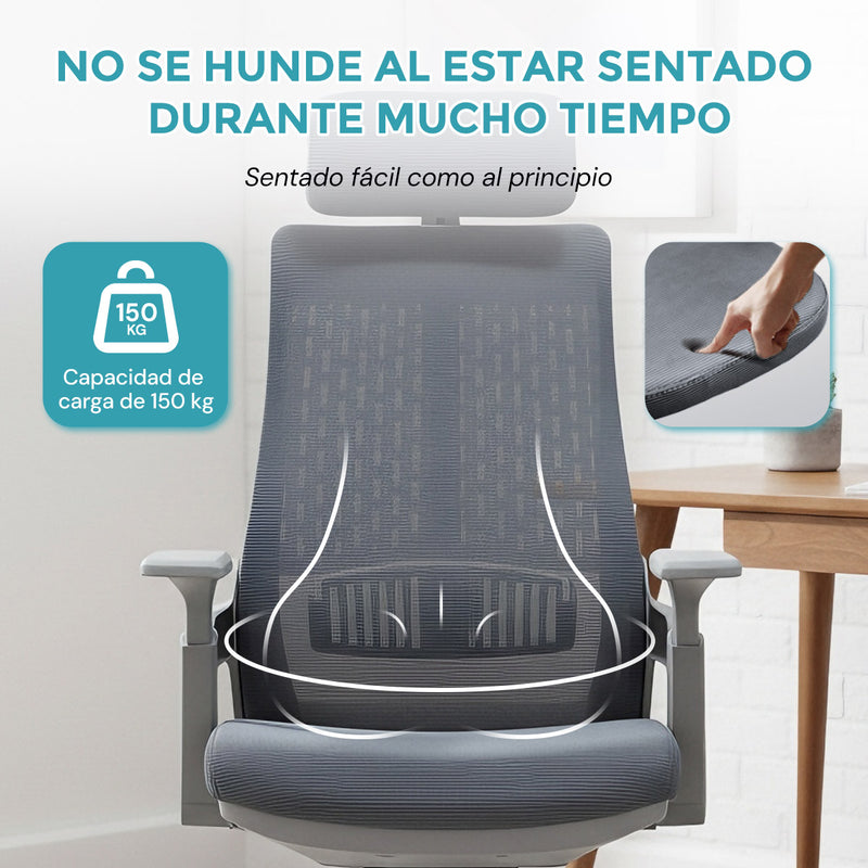 Silla de Oficina Ergonómica con Reposacabezas de Malla y Respaldo Transpirable. Silla de Escritorio con Brazos Fijos y Ruedas Nylon. Color Gris