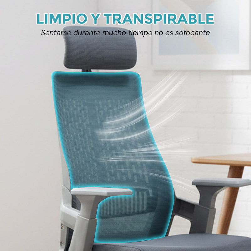 Silla de Oficina Ergonómica con Reposacabezas de Malla y Respaldo Transpirable. Silla de Escritorio con Brazos Fijos y Ruedas Nylon. Color Gris
