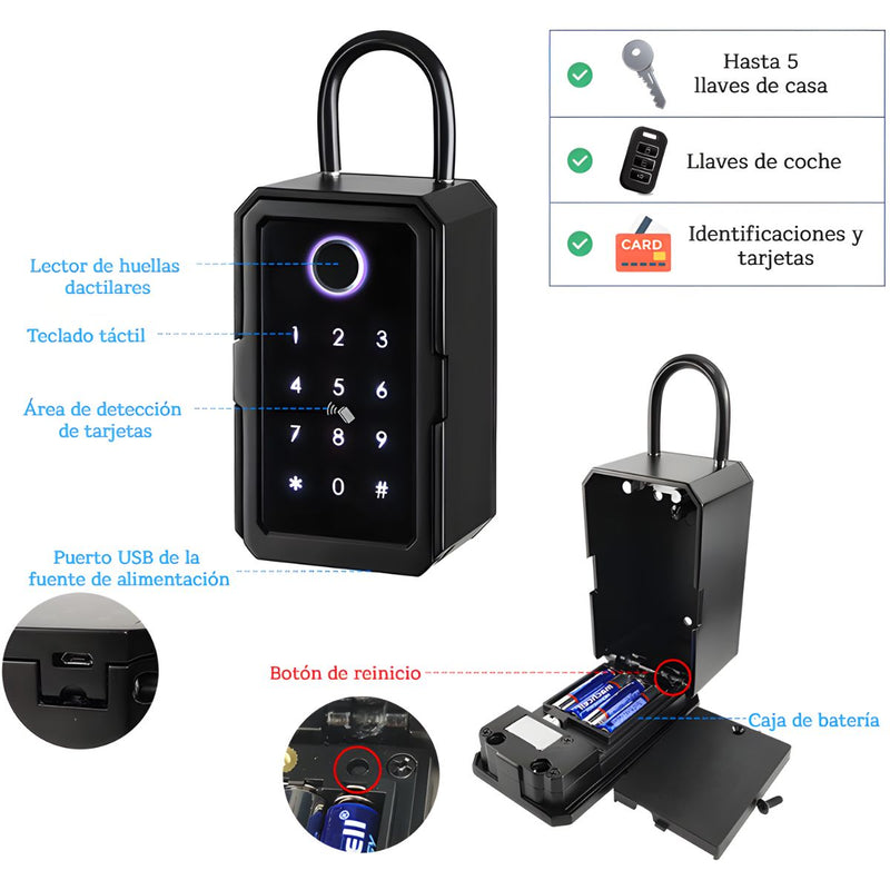 Caja De Seguridad Inteligente Con Huella Digital Y Bluetooth. Caja Para Llaves Con App, Código Y Tarjeta RFID. Resistente Al Agua y Recargable USB.