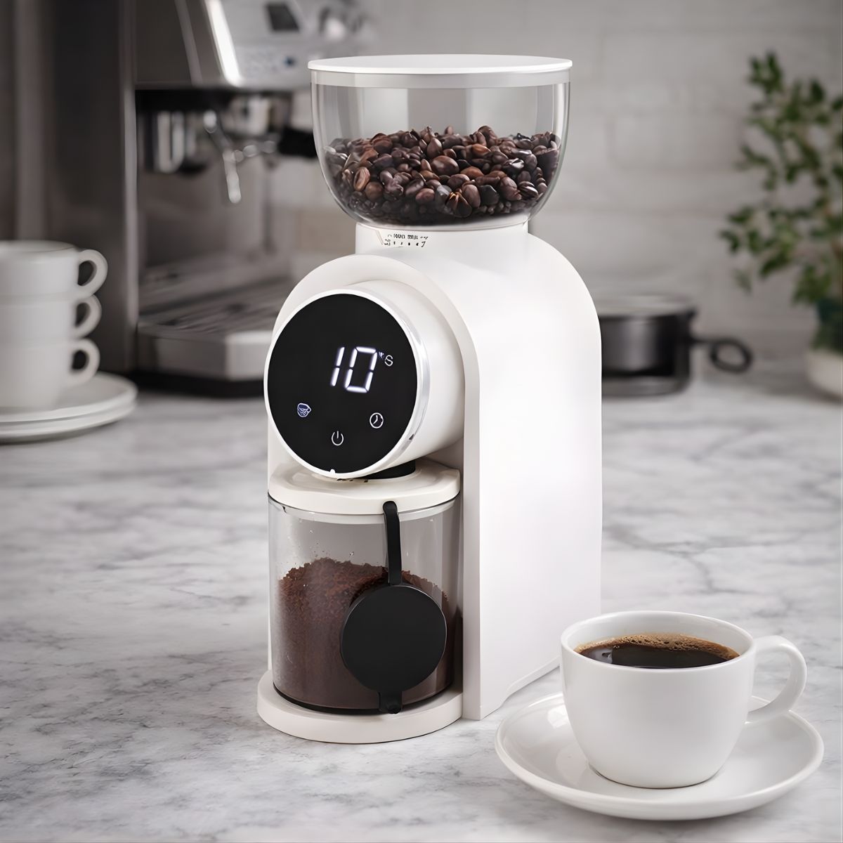 Molino De Café Eléctrico Con Pantalla Táctil 110V. Ajuste De Molienda De 25 Niveles. Moledor De Café Con Temporizador 5-40s. Color blanco mate.