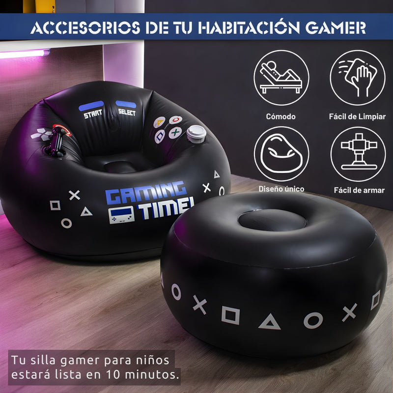 Sillón Inflable Gamer (105x105x70 cm) Con Reposapiés (65x33 cm) Y Portavasos. Sofá Ergonómico Cómodo Y Resistente.