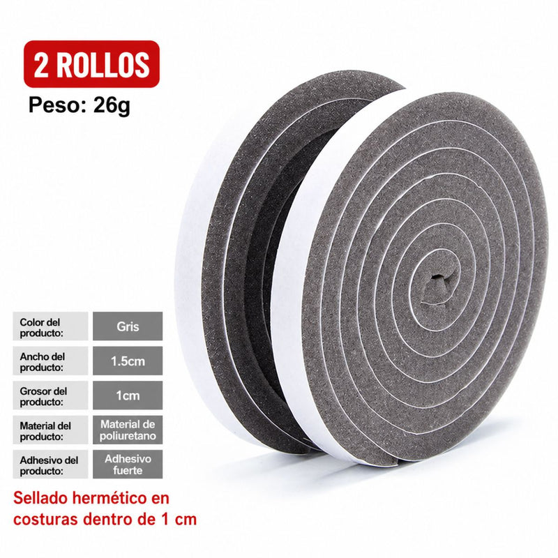 Burlete de Espuma Autoadhesivo para Puertas y Ventanas | Aislante de Ruido, Polvo y Aire Poliuretano 15mmx10mm (2 Rollos). Tira de Sellado gris.