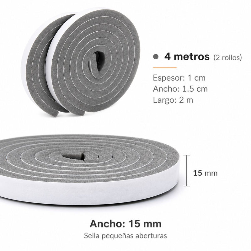 Burlete de Espuma Autoadhesivo para Puertas y Ventanas | Aislante de Ruido, Polvo y Aire Poliuretano 15mmx10mm (2 Rollos). Tira de Sellado gris.