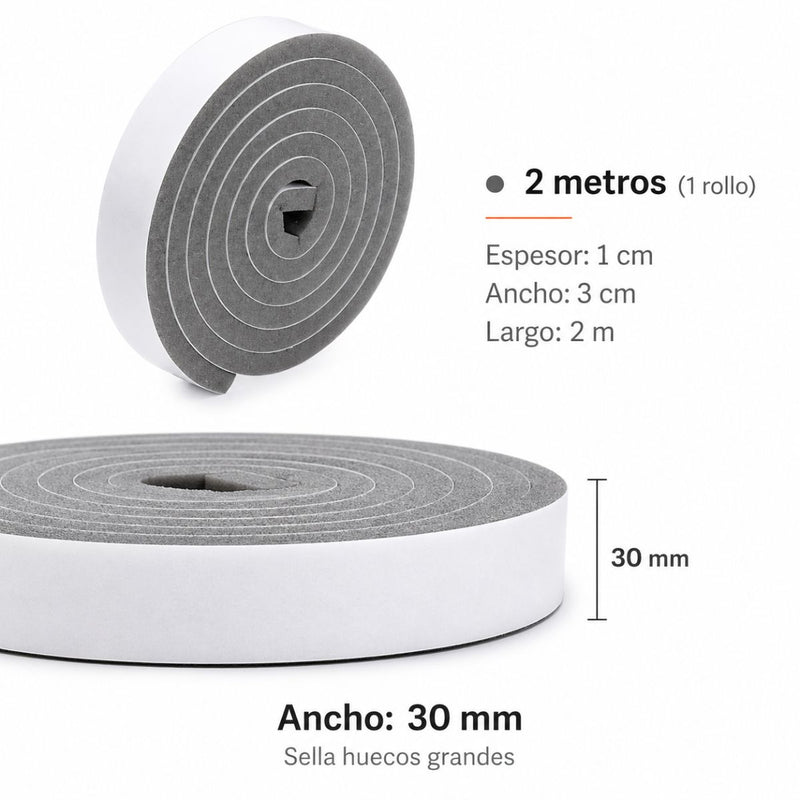 Burlete de Espuma Autoadhesivo para Puertas y Ventanas | Aislante de Ruido, Polvo y Aire 30mmx10mm (1 Rollo). Tira de Sellado gris.