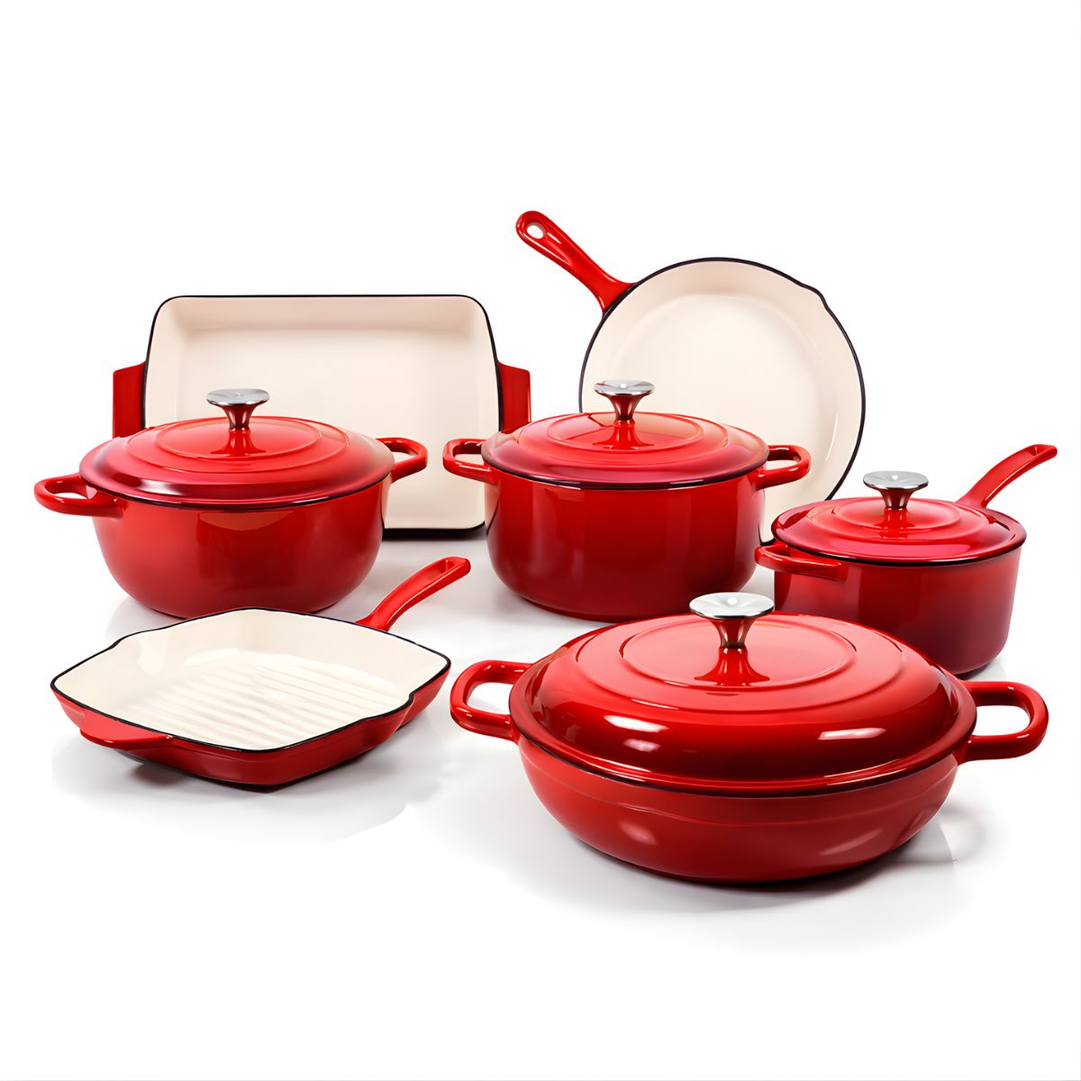 Ollas y sartenes De Hierro fundido Esmaltado Con Tapas. Apto para todo tipo de estufas. Set Color rojo. (Juego De 7 Piezas).