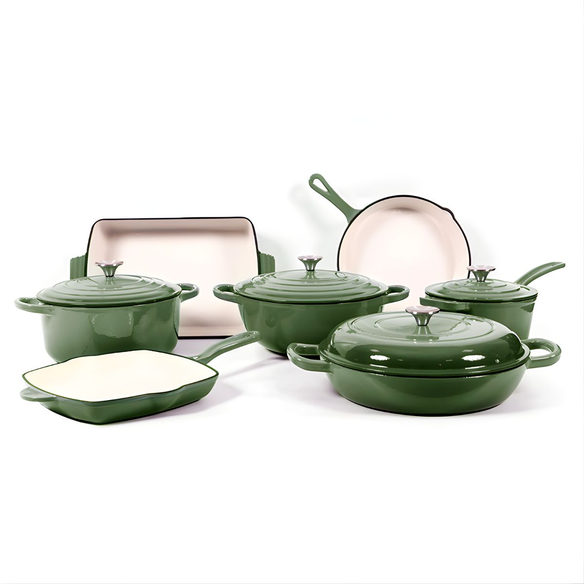 Ollas y sartenes De Hierro fundido Esmaltado Con Tapas. Apto para todo tipo de estufas. Set Color verde. (Juego De 7 Piezas).