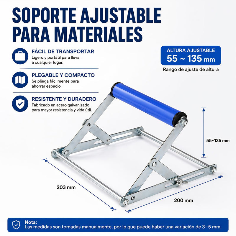 Soporte Ajustable rodillo Para Ingleteadoras Y máquinas de Corte 20Cm. Base Plegable Con Altura Regulable (55-135mm). Estructura Metálica Resistente.