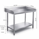 Mesa de trabajo de acero inoxidable 120x70x80cm. Mesa industrial con repisa inferior. Diseño de doble nivel.