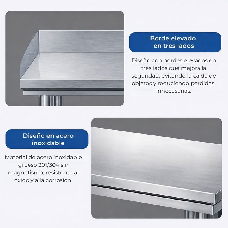 Mesa de trabajo de acero inoxidable 80x70x80cm. Mesa industrial con repisa inferior. Diseño de doble nivel.