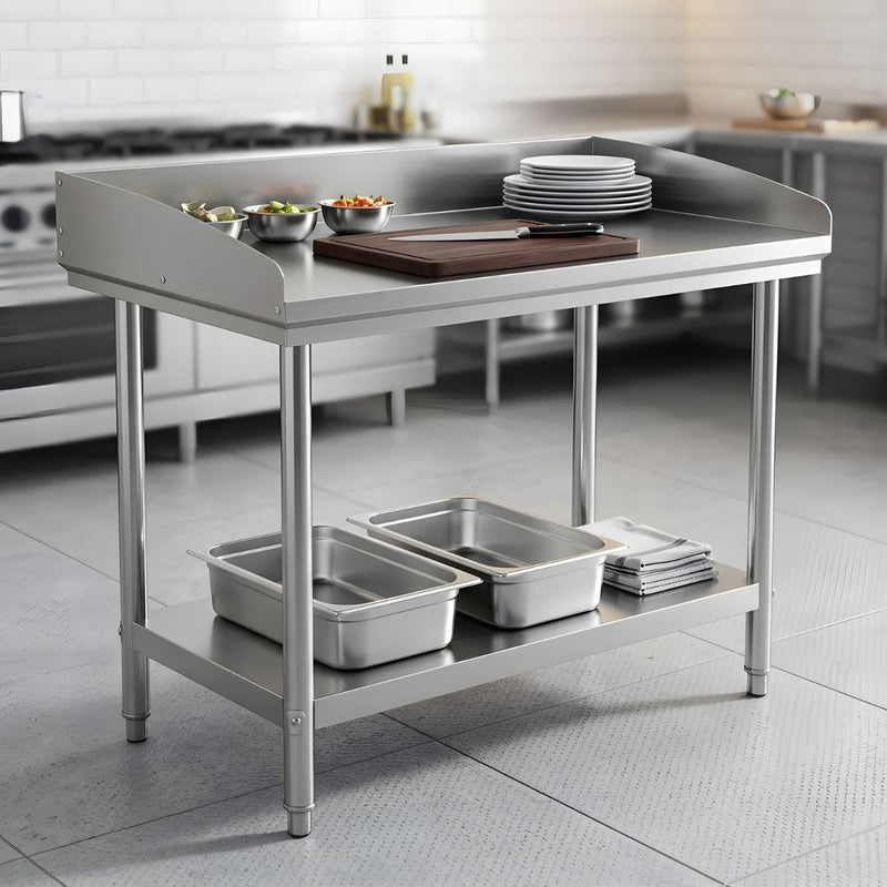 Mesa de trabajo de acero inoxidable 80x70x80cm. Mesa industrial con repisa inferior. Diseño de doble nivel.
