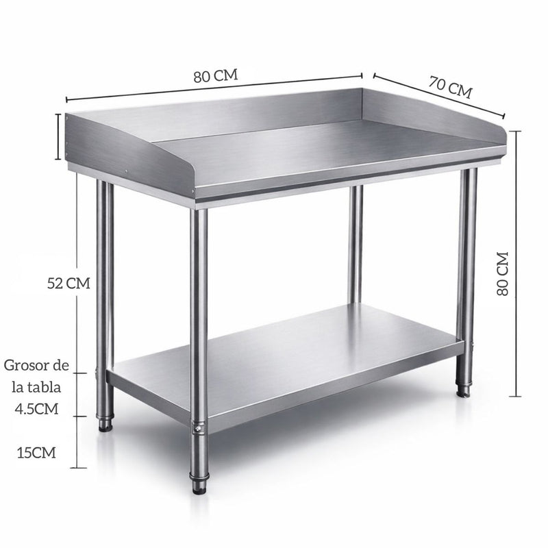 Mesa de trabajo de acero inoxidable 80x70x80cm. Mesa industrial con repisa inferior. Diseño de doble nivel.