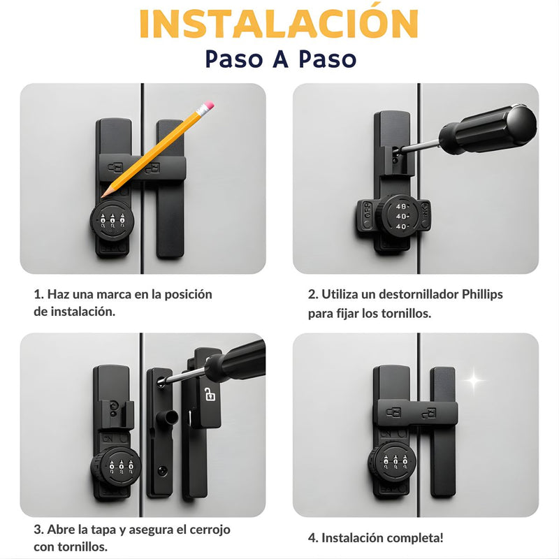 Cerradura de Seguridad con Combinación. Instalación con Tornillos o Adhesivo. Cerrojo con Código numérico. Color negro.