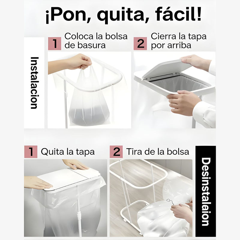 Basurero Ajustable Con Tapa Y Ruedas (60x33x22cm). Bote De Basura Para Bolsas De 20L A 90L. Papelera. Color blanco.