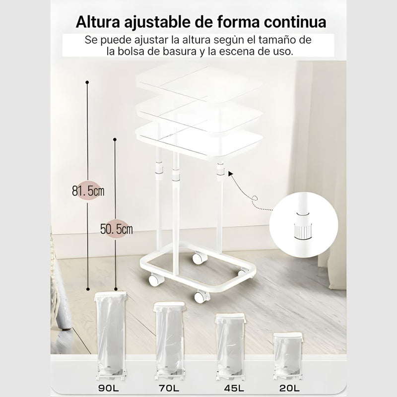 Basurero Ajustable Con Tapa Y Ruedas (60x33x22cm). Bote De Basura Para Bolsas De 20L A 90L. Papelera. Color blanco.