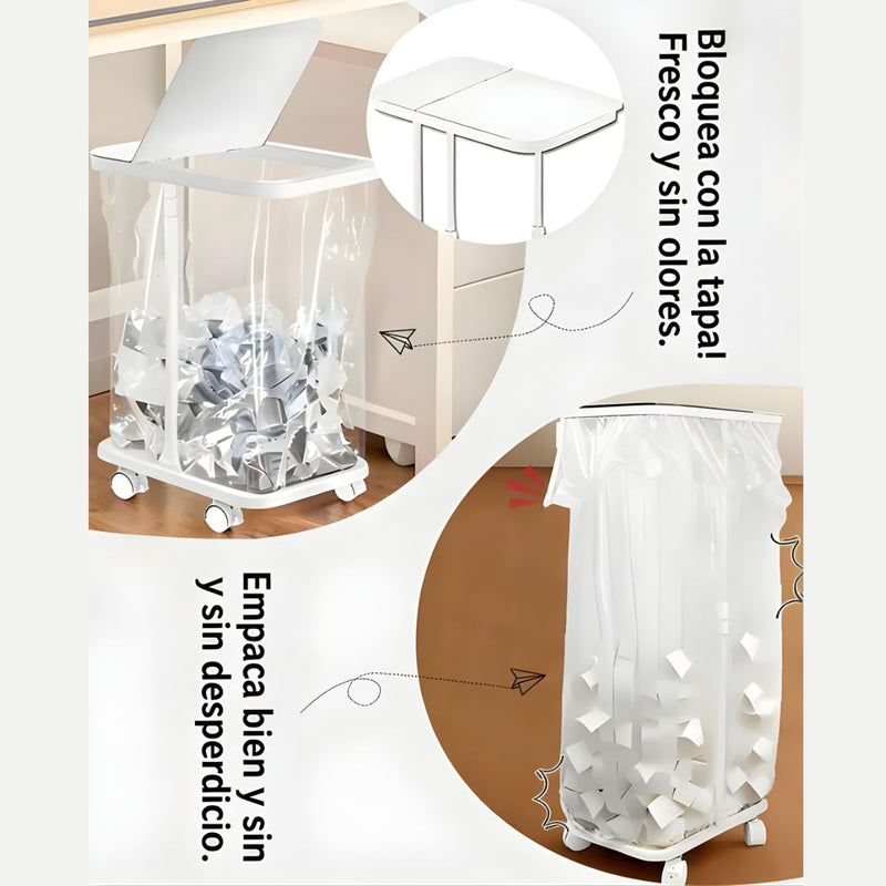 Basurero Ajustable Con Tapa Y Ruedas (60x33x22cm). Bote De Basura Para Bolsas De 20L A 90L. Papelera. Color blanco.