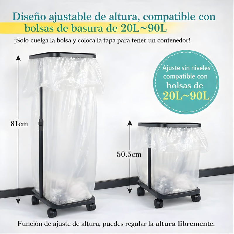 Basurero Ajustable Con Tapa Y Ruedas (60x33x22cm). Bote De Basura Para Bolsas De 20L A 90L. Papelera. Color negro.