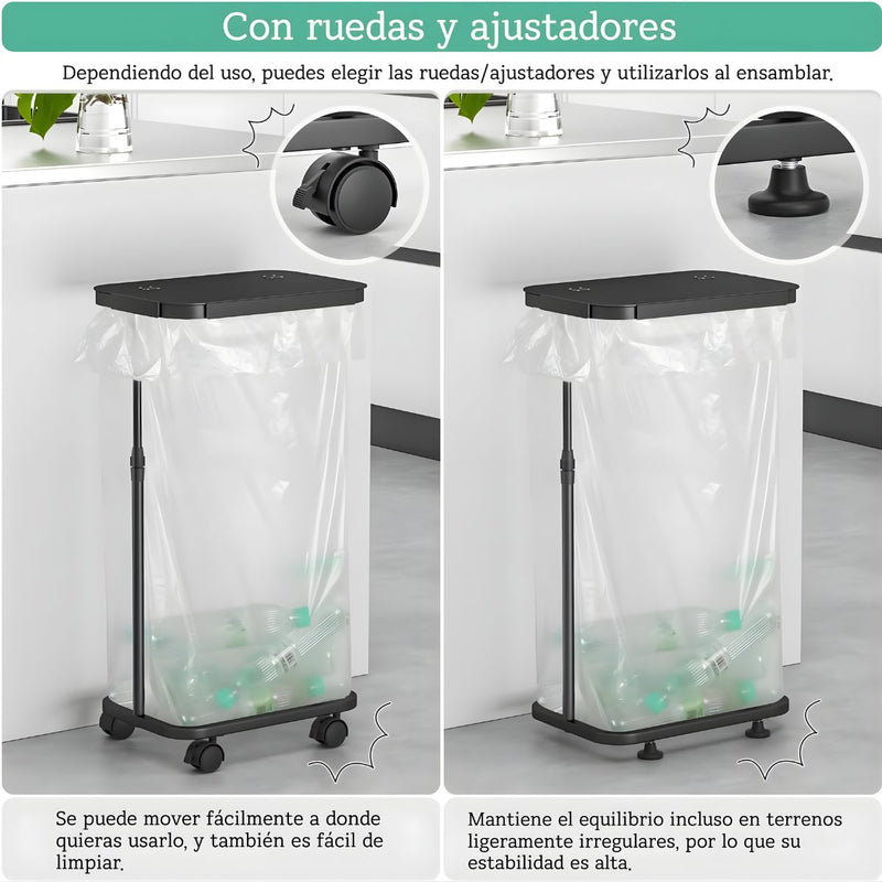Basurero Ajustable Con Tapa Y Ruedas (60x33x22cm). Bote De Basura Para Bolsas De 20L A 90L. Papelera. Color negro.