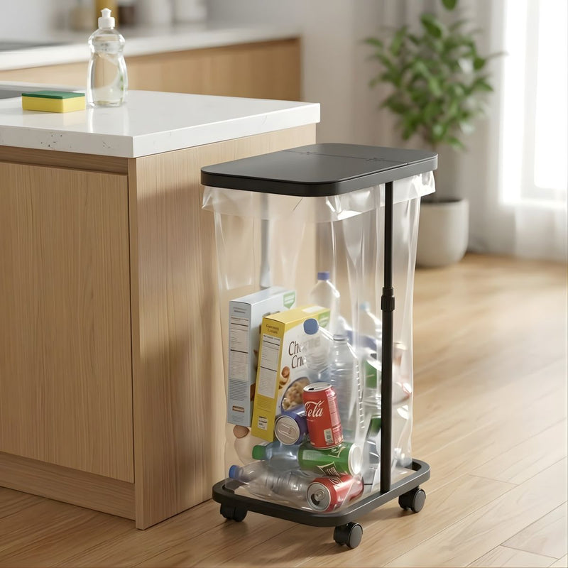 Basurero Ajustable Con Tapa Y Ruedas (60x33x22cm). Bote De Basura Para Bolsas De 20L A 90L. Papelera. Color negro.