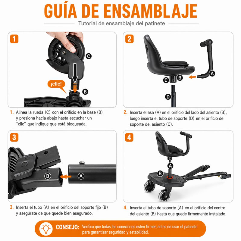 Asiento con Plataforma para Cochecito de Bebé Universal con Ruedas y Manillar. Patineta con Silla para Segundo Niño Ajustable y con Suspensión. Color Negro (64x42x59cm)
