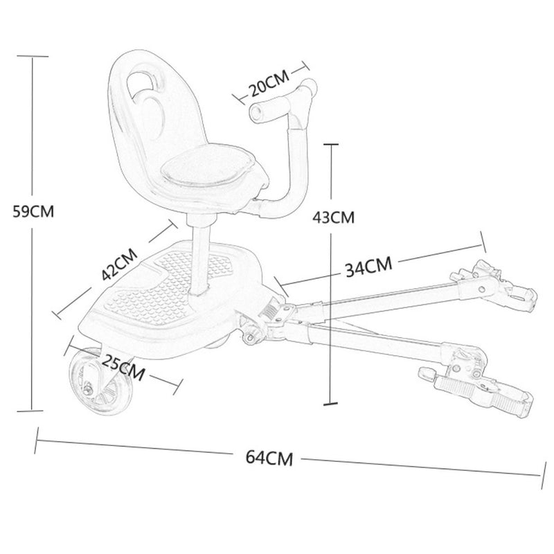 Asiento con Plataforma para Cochecito de Bebé Universal con Ruedas y Manillar. Patineta con Silla para Segundo Niño Ajustable y con Suspensión. Color Negro (64x42x59cm)
