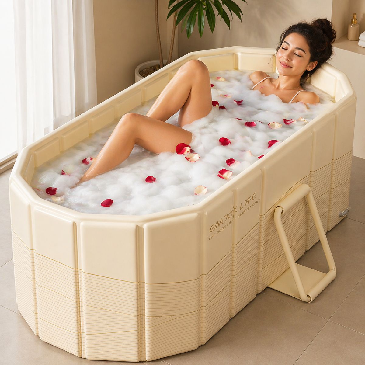 Bañera Plegable Portátil Tipo Spa para Adultos. Tina para Baño 150 x 86 x 50 cm de PVC Multicapa con Aislamiento Térmico 360°y Soporte Estable. Color Beige