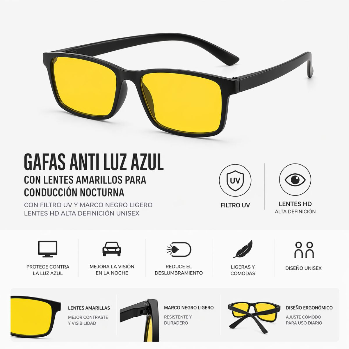 Gafas Anti Luz Azul con Lentes Amarillos para Conducción Nocturna con Filtro UV y Marco Negro Ligero. Lentes HD Alta Definición Unisex