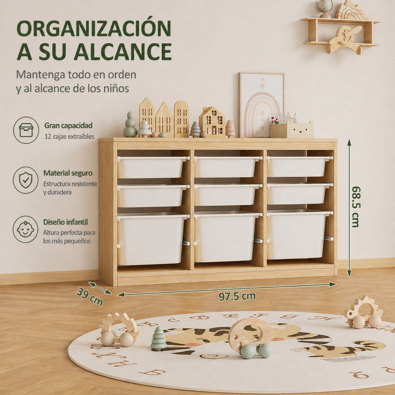 Organizador de Juguetes Infantil con Gavetas de Almacenamiento Mueble Infantil Montessori con 9 Contenedores Plásticos Sistema de Rieles Almacenamiento Multinivel (97.5x39x68.5cm)