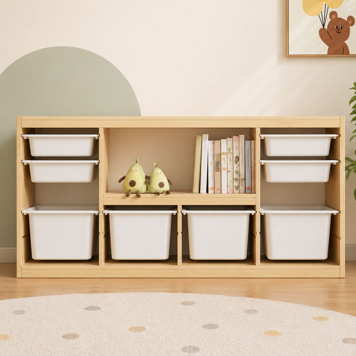 Organizador de Juguetes Infantil con Gavetas de Almacenamiento. Mueble Infantil Montessori con 8 Contenedores Plásticos  Almacenamiento Multinivel (156x30x76cm)