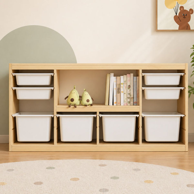 Organizador de Juguetes Infantil con Gavetas de Almacenamiento. Mueble Infantil Montessori con 8 Contenedores Plásticos  Almacenamiento Multinivel (156x30x76cm)
