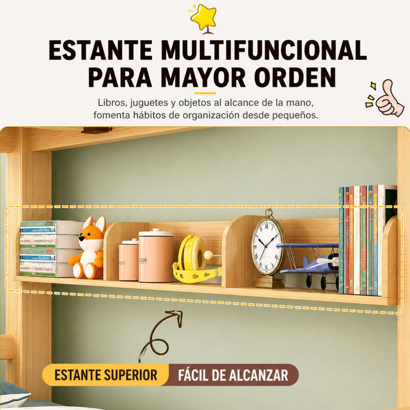 Litera Infantil Camarote Madera Maciza Twin Escalera y Cajones. Cama Barandal de Seguridad, Estantes y Base Reforzada. Incluye 2 Colchones Sencillos. (viene desarmado cliente debe ensamblar)