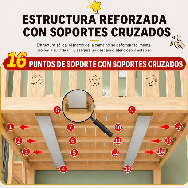 Litera Infantil Camarote Madera Maciza Twin Escalera y Cajones. Cama Barandal de Seguridad, Estantes y Base Reforzada. Incluye 2 Colchones Sencillos. (viene desarmado cliente debe ensamblar)