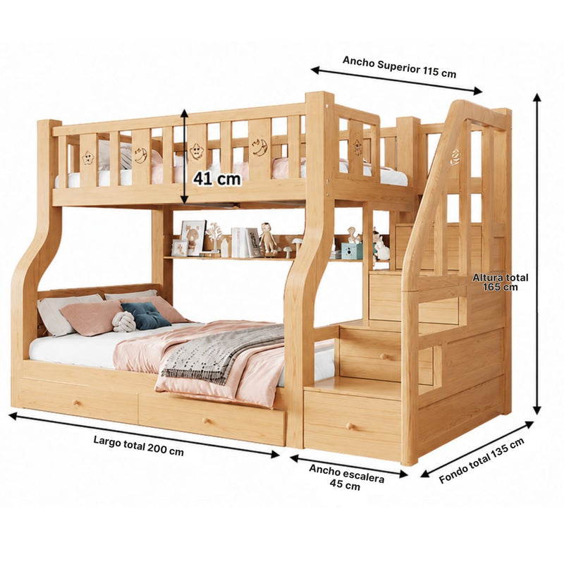 Litera Infantil Camarote Madera Maciza Twin Escalera y Cajones. Cama Barandal de Seguridad, Estantes y Base Reforzada. Incluye 2 Colchones Sencillos. (viene desarmado cliente debe ensamblar)