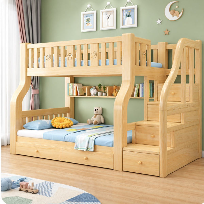 Litera Infantil Camarote Madera Maciza Twin Escalera y Cajones. Cama Barandal de Seguridad, Estantes y Base Reforzada. Incluye 2 Colchones Sencillos. (viene desarmado cliente debe ensamblar)