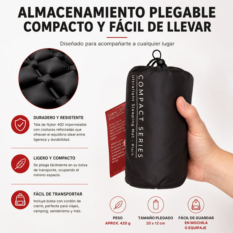 Colchoneta Inflable Camping Ultraligera Nylon 40D. Sleeping Mat colchón Impermeable con Válvula Doble Portátil Compacta para Senderismo Mochilero (190x60x6cm) Color Negro