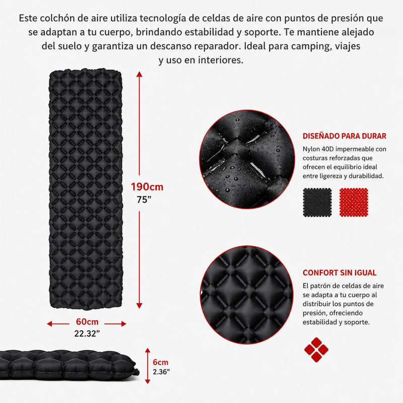 Colchoneta Inflable Camping Ultraligera Nylon 40D. Sleeping Mat colchón Impermeable con Válvula Doble Portátil Compacta para Senderismo Mochilero (190x60x6cm) Color Negro