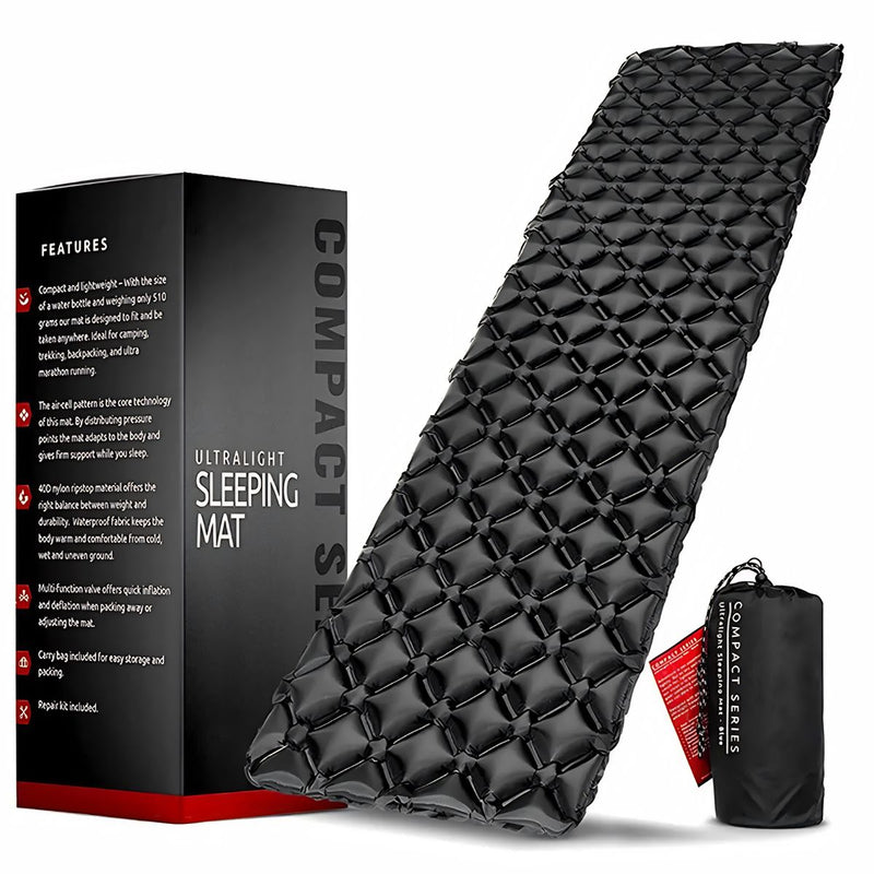 Colchoneta Inflable Camping Ultraligera Nylon 40D. Sleeping Mat colchón Impermeable con Válvula Doble Portátil Compacta para Senderismo Mochilero (190x60x6cm) Color Negro