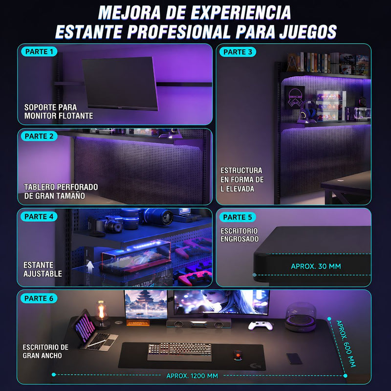 Mesa Escritorio Gamer 120 x 60 cm con Panel Pegboard Metálico, Repisas Ajustables y Soporte Monitor VESA 100x100mm. Mesa Gaming Full Setup Negra (No Incluye Monitor)