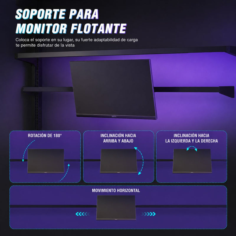Mesa Escritorio Gamer 120 x 60 cm con Panel Pegboard Metálico, Repisas Ajustables y Soporte Monitor VESA 100x100mm. Mesa Gaming Full Setup Negra (No Incluye Monitor)