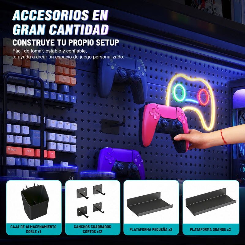 Mesa Escritorio Gamer 120 x 60 cm con Panel Pegboard Metálico, Repisas Ajustables y Soporte Monitor VESA 100x100mm. Mesa Gaming Full Setup Negra (No Incluye Monitor)