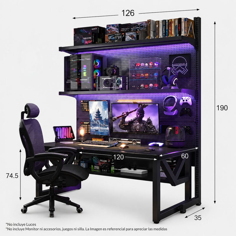 Mesa Escritorio Gamer 120 x 60 cm con Panel Pegboard Metálico, Repisas Ajustables y Soporte Monitor VESA 100x100mm. Mesa Gaming Full Setup Negra (No Incluye Monitor)
