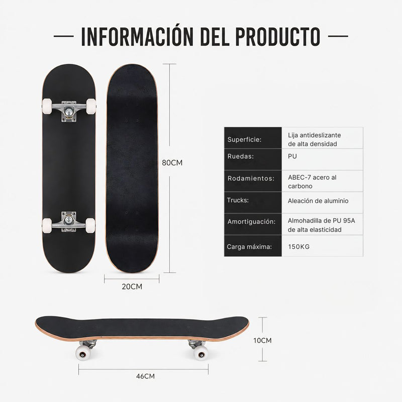 Patineta Skateboard 31” Maple 8 Capas ABEC-7 con Ruedas PU y Base de Aluminio Reforzada para Tricks y Freestyle. Estampado Verde.