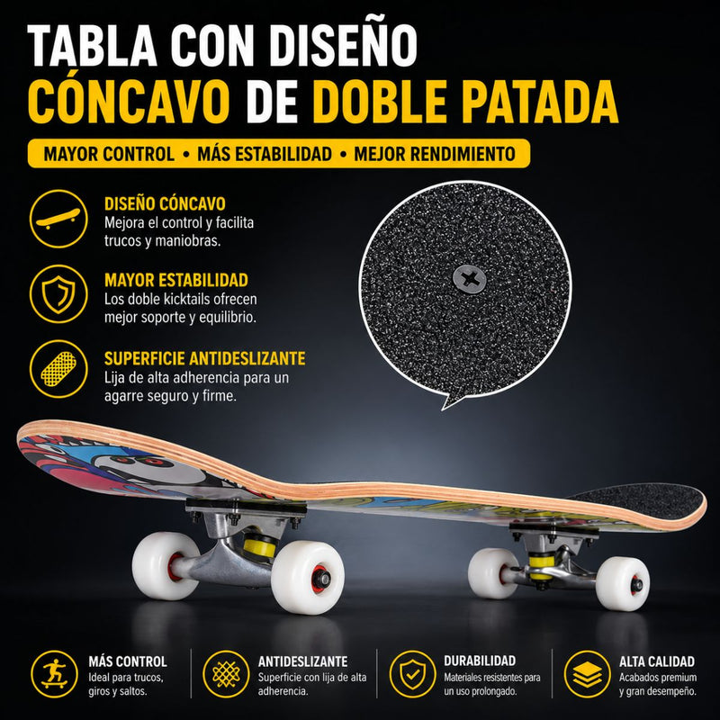 Patineta Skateboard 31” Maple 8 Capas ABEC-7 con Ruedas PU y Base de Aluminio Reforzada para Tricks y Freestyle. Estampado Negro y Blanco.