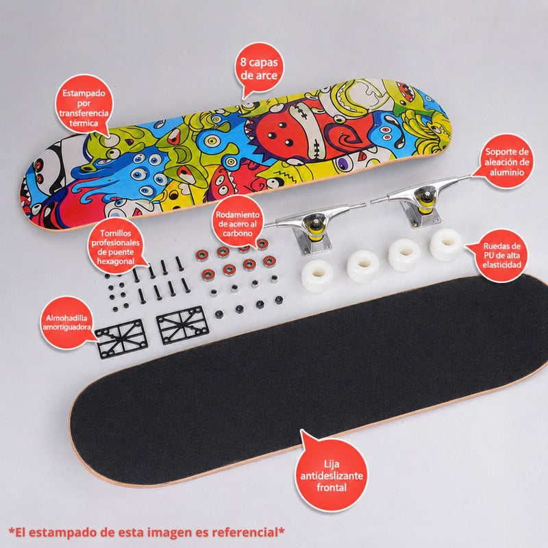 Patineta Skateboard 31” Maple 8 Capas ABEC-7 con Ruedas PU y Base de Aluminio Reforzada para Tricks y Freestyle. Estampado Negro y Blanco.