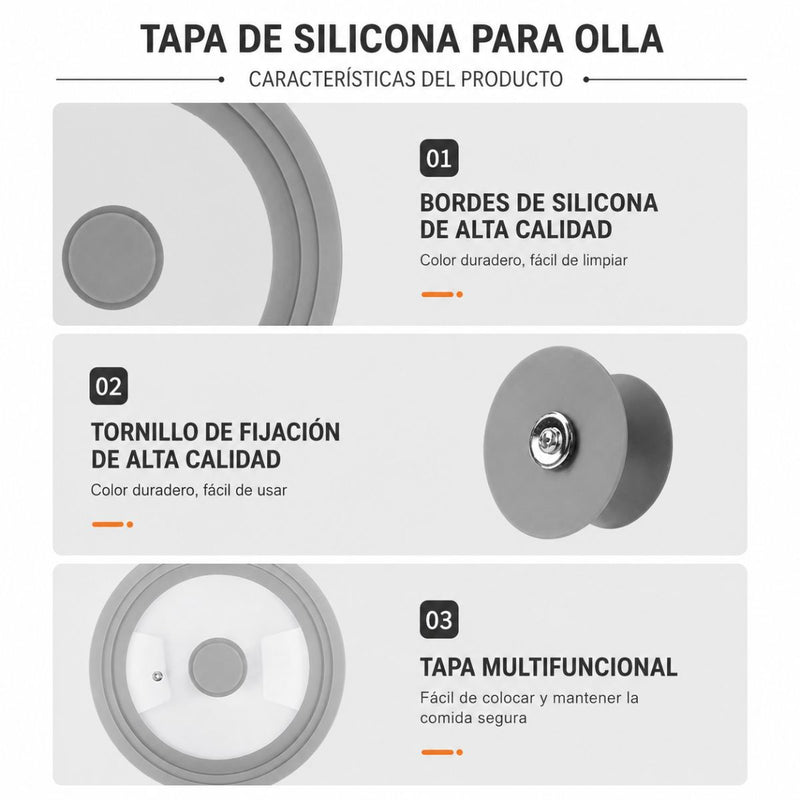 Tapa Universal de Silicona para Ollas y Sartenes 20 22 24cm de Vidrio y Silicona BPA Free. Tapa Antiderrame Reutilizable para Paila Sartén Caldero y Cacerola. Color Gris
