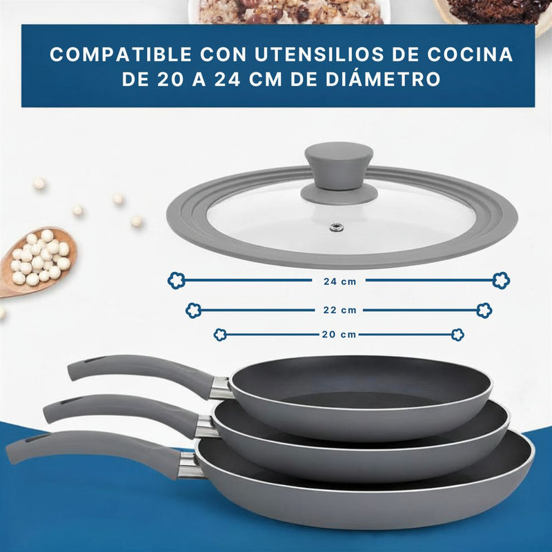Tapa Universal de Silicona para Ollas y Sartenes 20 22 24cm de Vidrio y Silicona BPA Free. Tapa Antiderrame Reutilizable para Paila Sartén Caldero y Cacerola. Color Gris