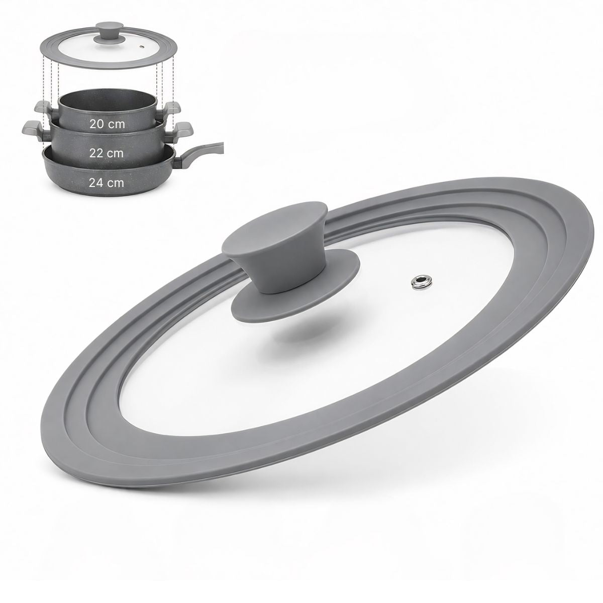 Tapa Universal de Silicona para Ollas y Sartenes 20 22 24cm de Vidrio y Silicona BPA Free. Tapa Antiderrame Reutilizable para Paila Sartén Caldero y Cacerola. Color Gris