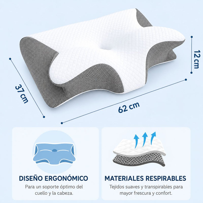 Almohada Cervical Ortopédica Memory Foam Mariposa. Cojín Ergonómico para Dormir Antirronquido con Funda Transpirable (62x37x12cm)