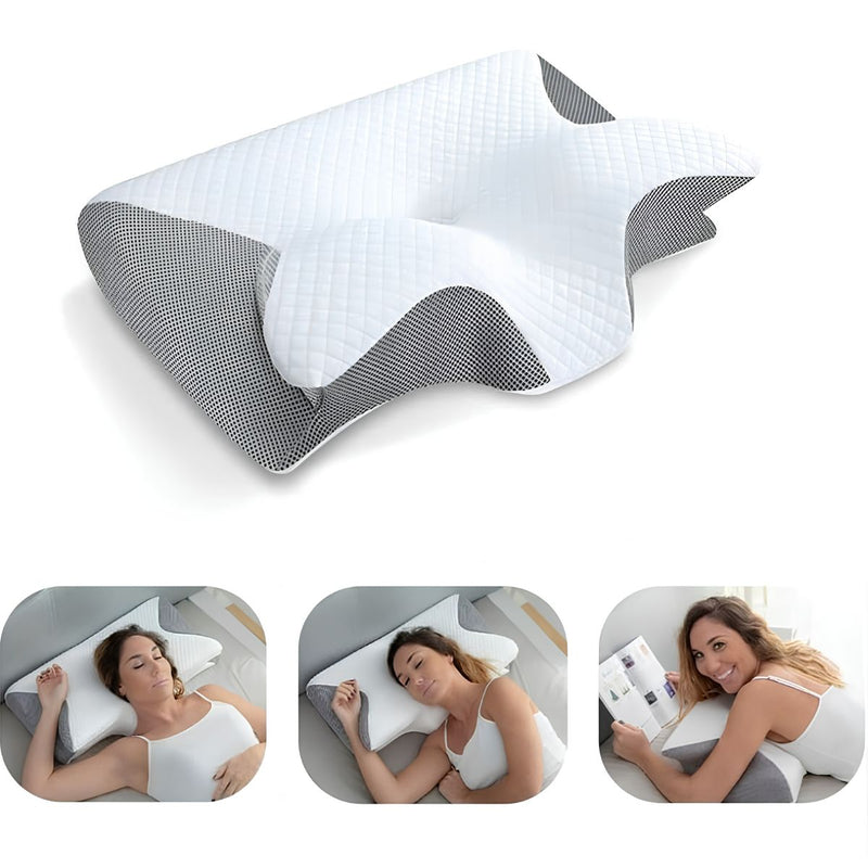 Almohada Cervical Ortopédica Memory Foam Mariposa. Cojín Ergonómico para Dormir Antirronquido con Funda Transpirable (62x37x12cm)