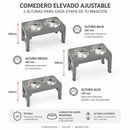 Comedero Elevado para Perros y Gatos Ajustable (8-30cm) Plegable con 2 Platos de Acero Inoxidable. Base Antideslizante Gris Mascotas (44x24cm)